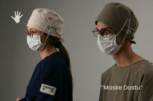 Maske dostu, ergonomik tasarımlı haki ve lacivert pratik cerrahi bone, unisex kullanım - Hands On