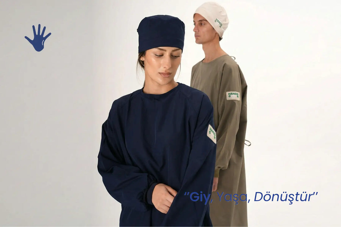 Modern, sürdürülebilir ve şık tasarımlı lacivert ve haki cerrahi önlük, unisex kullanım - Hands On