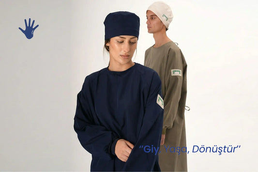 Modern, sürdürülebilir ve şık tasarımlı lacivert ve haki cerrahi önlük, unisex kullanım - Hands On